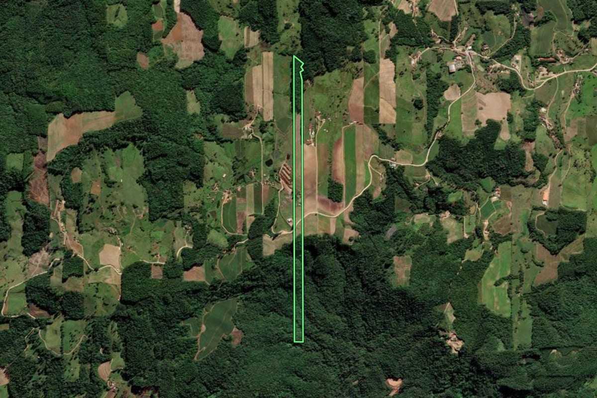 Imagem de satélite do imóvel rural em Orleans (SC), com o contorno declarado no CAR desenhado por cima.