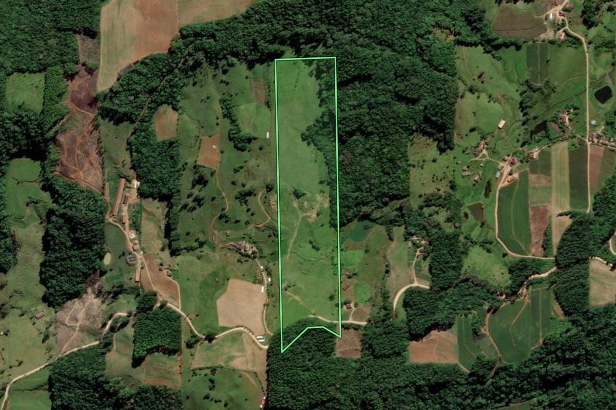 Imagem de satélite do imóvel rural em Orleans (SC), com o contorno declarado no CAR desenhado por cima.