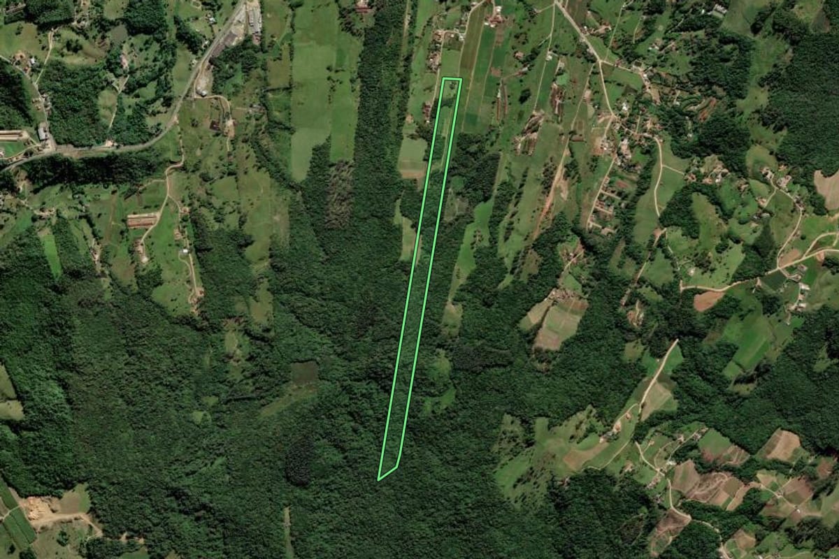 Imagem de satélite do imóvel rural em Orleans (SC), com o contorno declarado no CAR desenhado por cima.