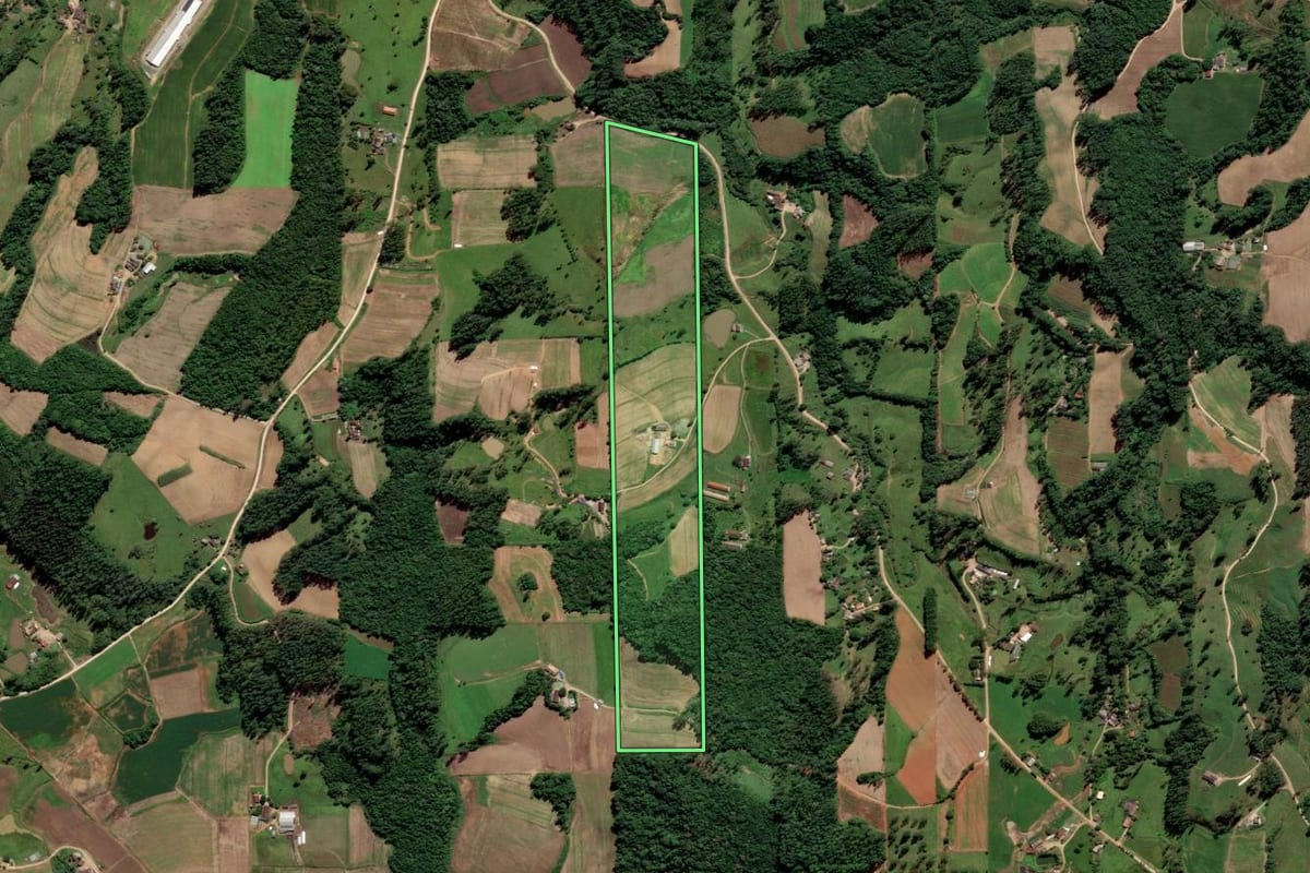 Imagem de satélite do imóvel rural em Orleans (SC), com o contorno declarado no CAR desenhado por cima.