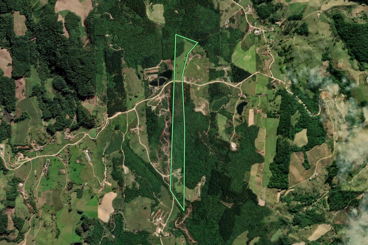 Imagem de satélite do imóvel rural em Orleans (SC), com o contorno declarado no CAR desenhado por cima.