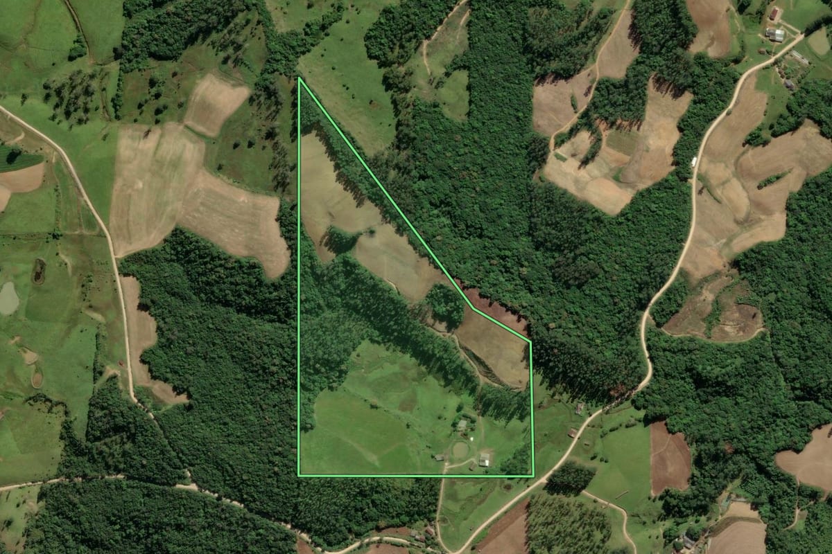 Imagem de satélite do imóvel rural em Orleans (SC), com o contorno declarado no CAR desenhado por cima.
