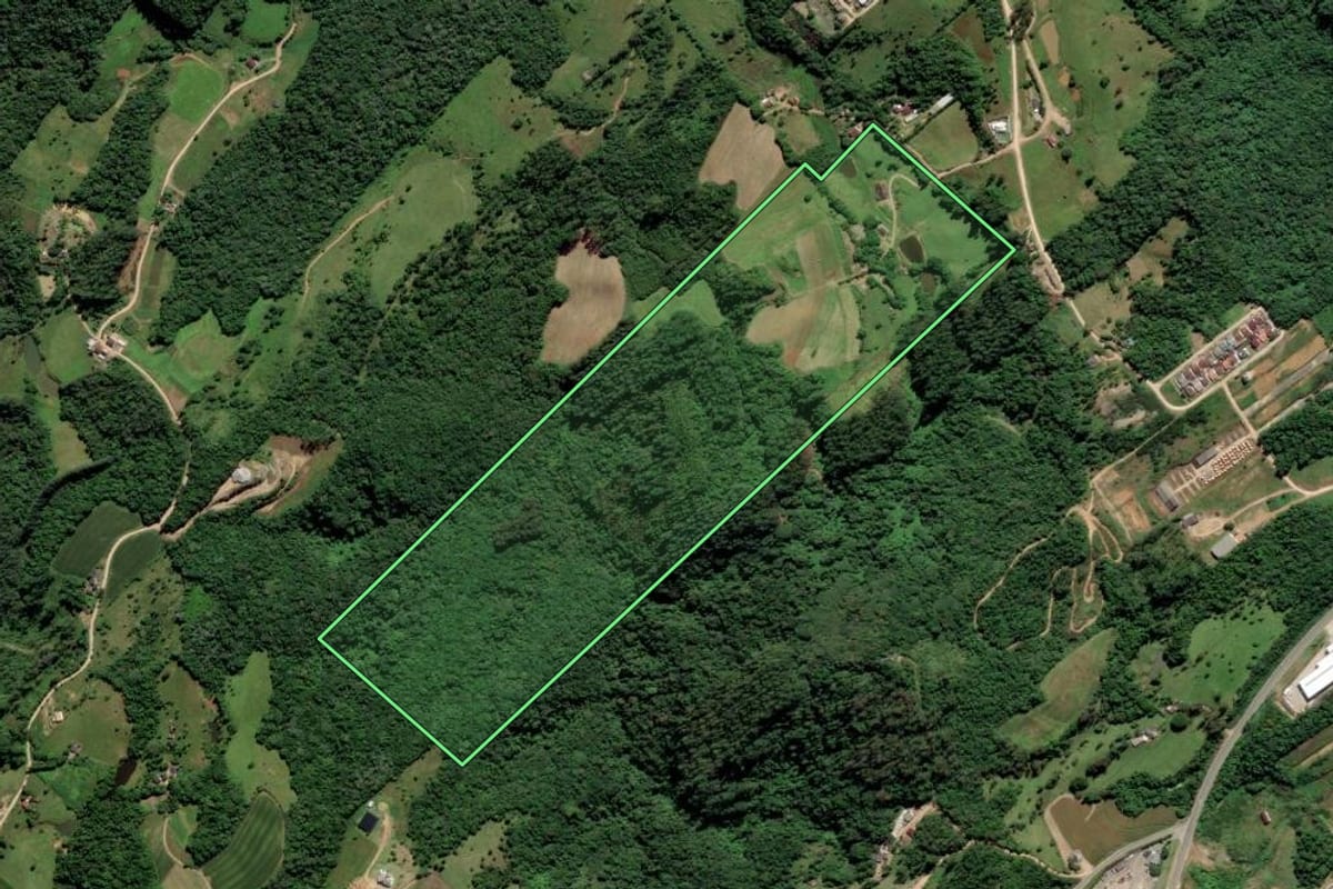 Imagem de satélite do imóvel rural em Orleans (SC), com o contorno declarado no CAR desenhado por cima.