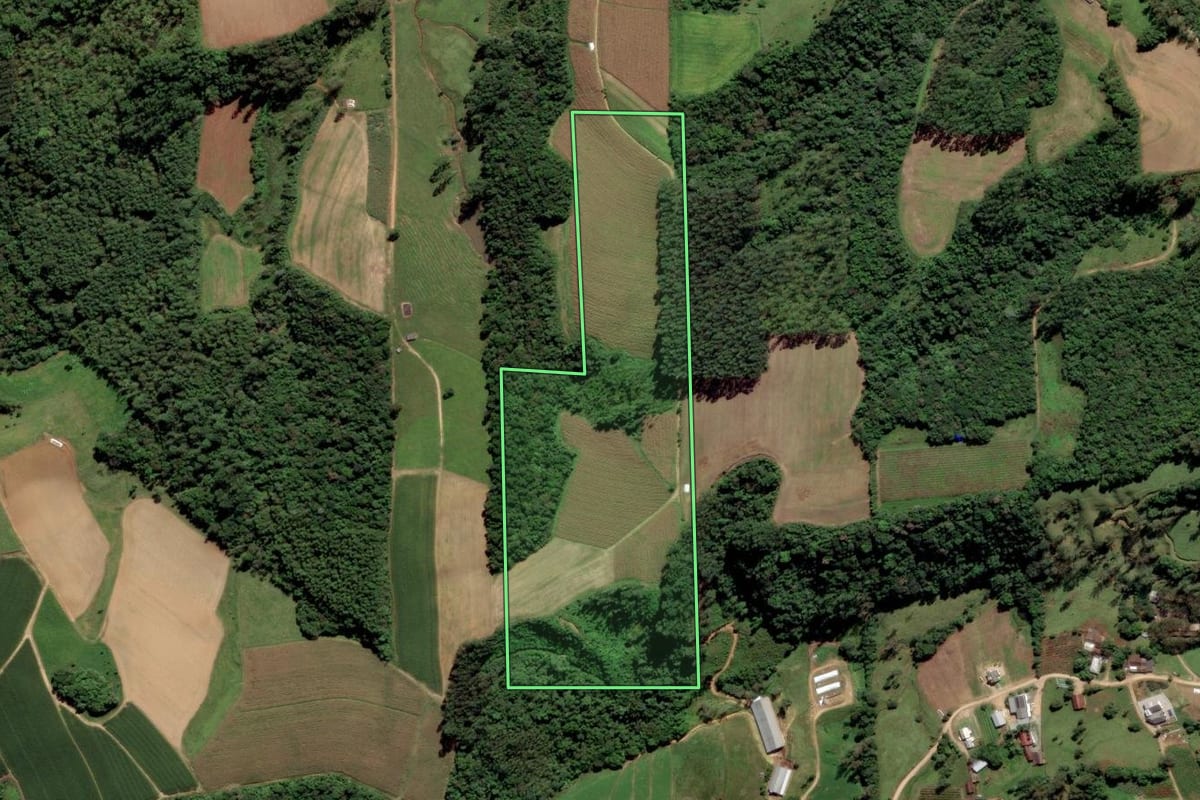 Imagem de satélite do imóvel rural em Orleans (SC), com o contorno declarado no CAR desenhado por cima.