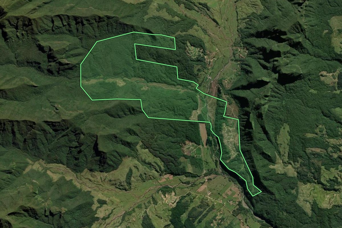 Imagem de satélite do imóvel rural em Orleans (SC), com o contorno declarado no CAR desenhado por cima.