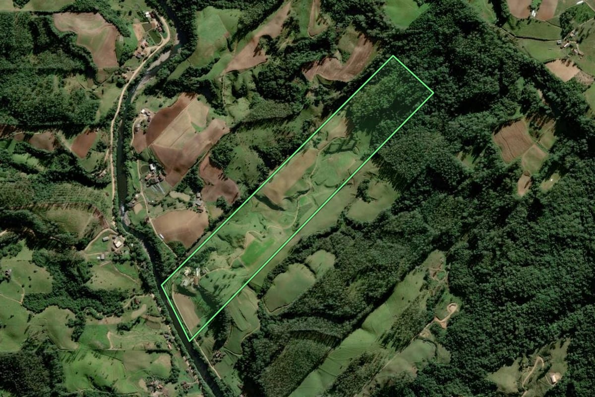 Imagem de satélite do imóvel rural em Orleans (SC), com o contorno declarado no CAR desenhado por cima.