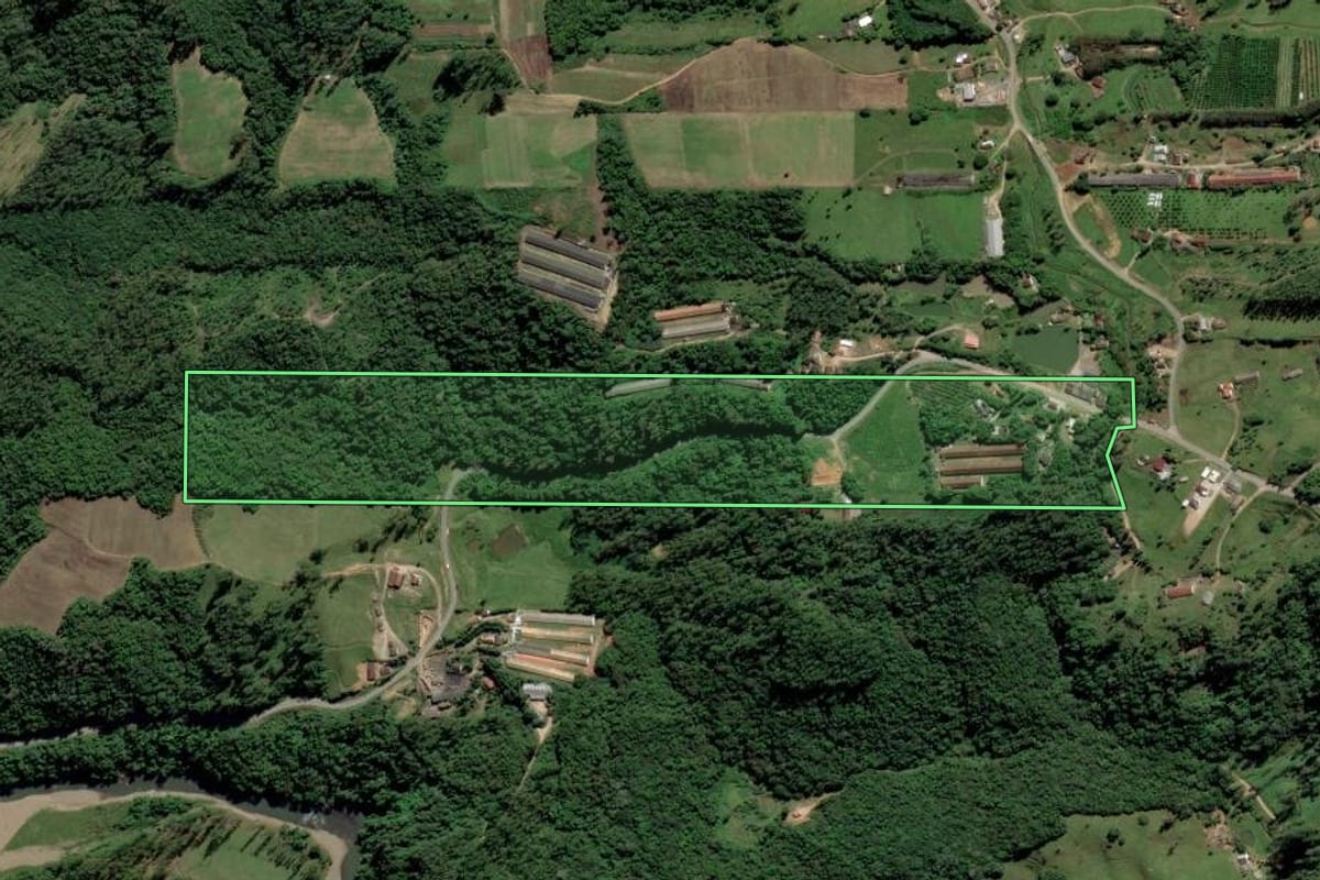 Imagem de satélite do imóvel rural em Orleans (SC), com o contorno declarado no CAR desenhado por cima.