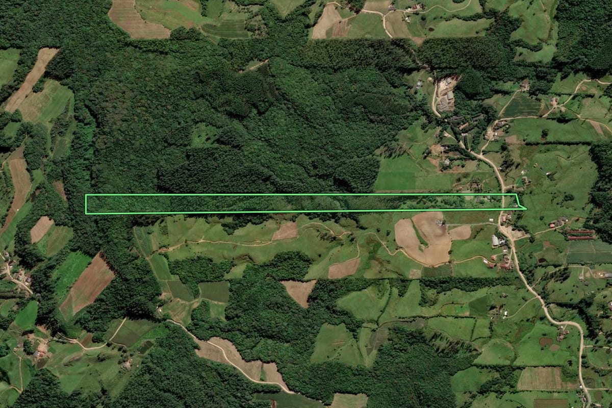 Imagem de satélite do imóvel rural em Orleans (SC), com o contorno declarado no CAR desenhado por cima.