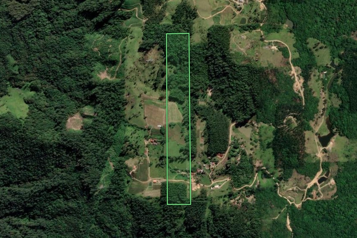Imagem de satélite do imóvel rural em Orleans (SC), com o contorno declarado no CAR desenhado por cima.
