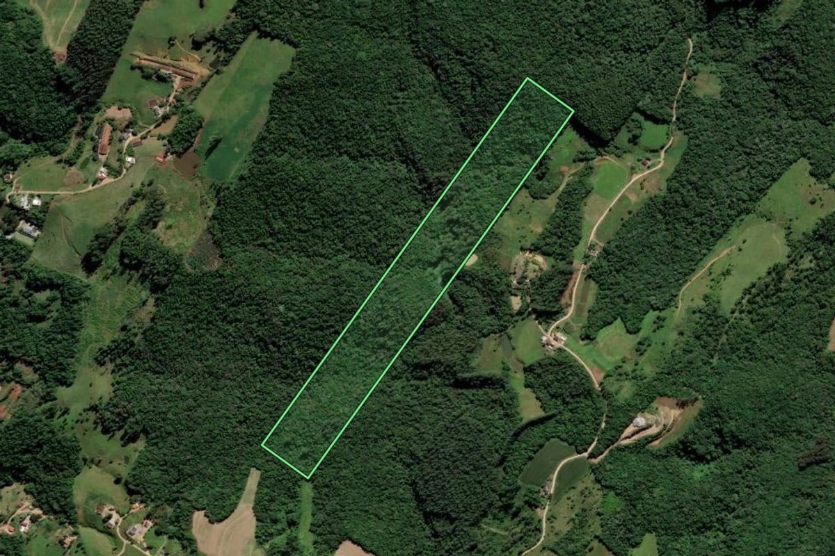 Imagem de satélite do imóvel rural em Orleans (SC), com o contorno declarado no CAR desenhado por cima.