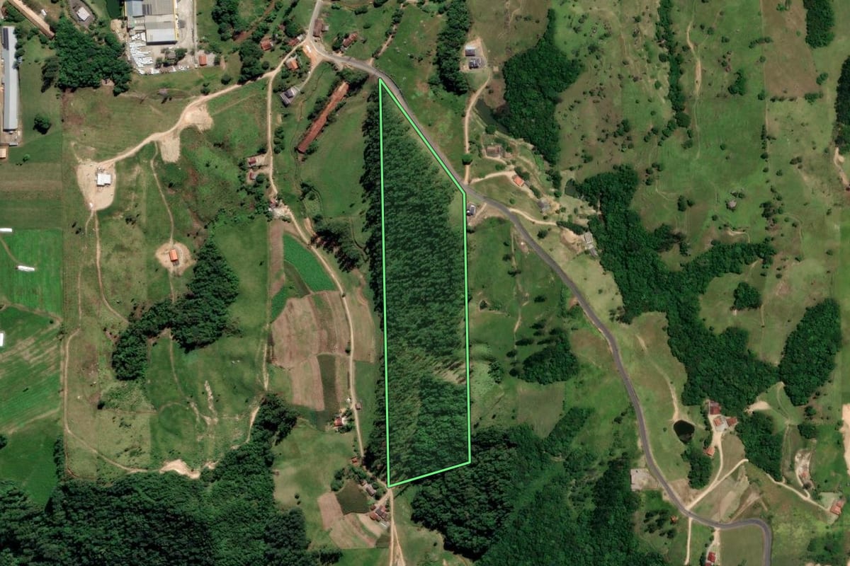 Imagem de satélite do imóvel rural em Orleans (SC), com o contorno declarado no CAR desenhado por cima.