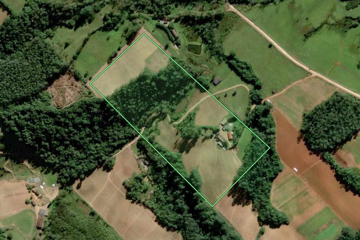 Imagem de satélite do imóvel rural em Orleans (SC), com o contorno declarado no CAR desenhado por cima.