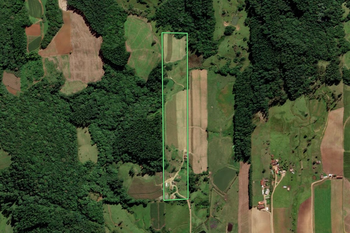 Imagem de satélite do imóvel rural em Orleans (SC), com o contorno declarado no CAR desenhado por cima.