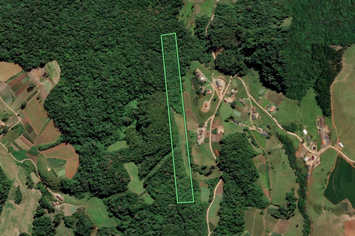 Imagem de satélite do imóvel rural em Orleans (SC), com o contorno declarado no CAR desenhado por cima.