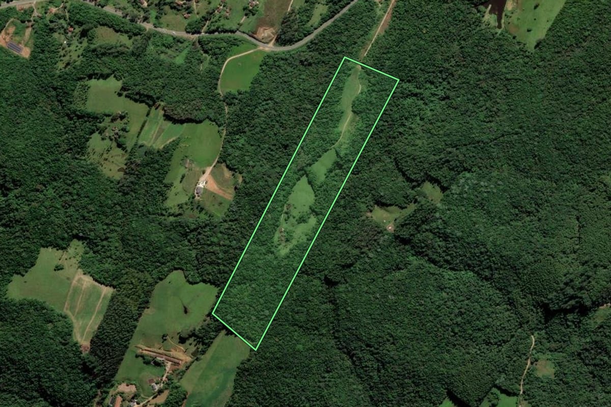 Imagem de satélite do imóvel rural em Orleans (SC), com o contorno declarado no CAR desenhado por cima.