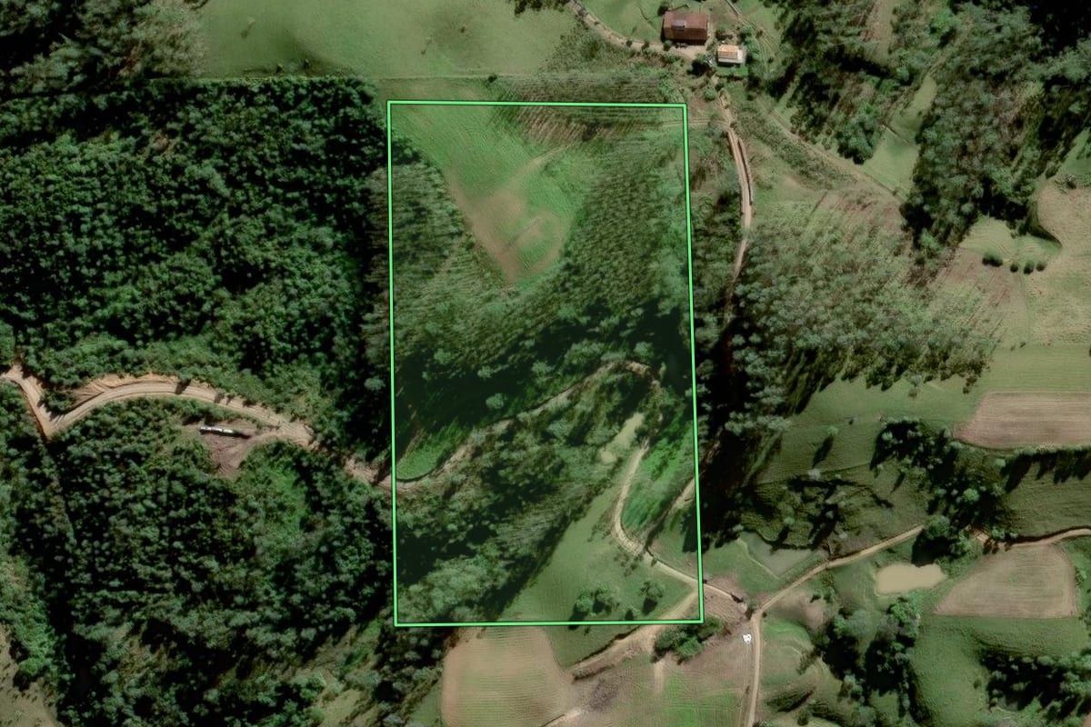 Imagem de satélite do imóvel rural em Orleans (SC), com o contorno declarado no CAR desenhado por cima.