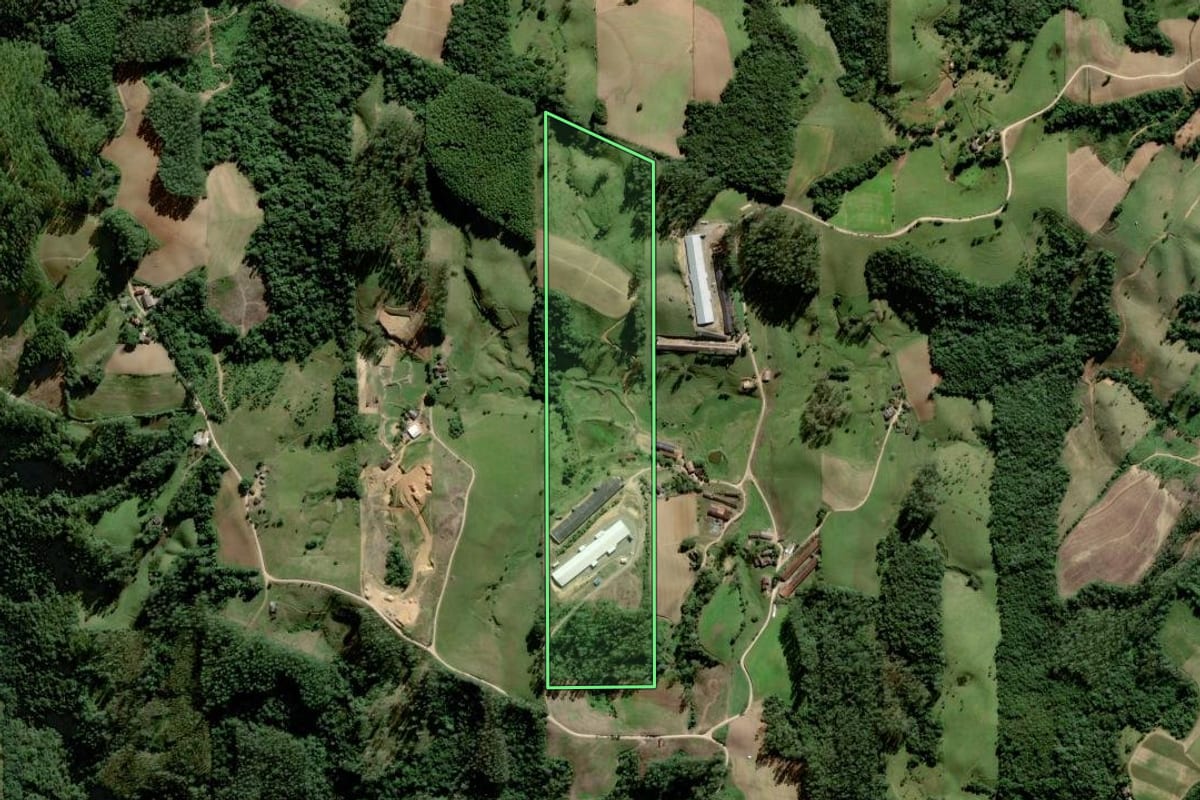 Imagem de satélite do imóvel rural em Orleans (SC), com o contorno declarado no CAR desenhado por cima.