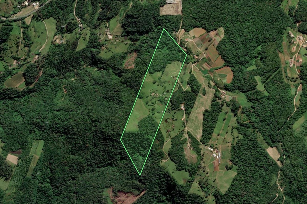 Imagem de satélite do imóvel rural em Orleans (SC), com o contorno declarado no CAR desenhado por cima.