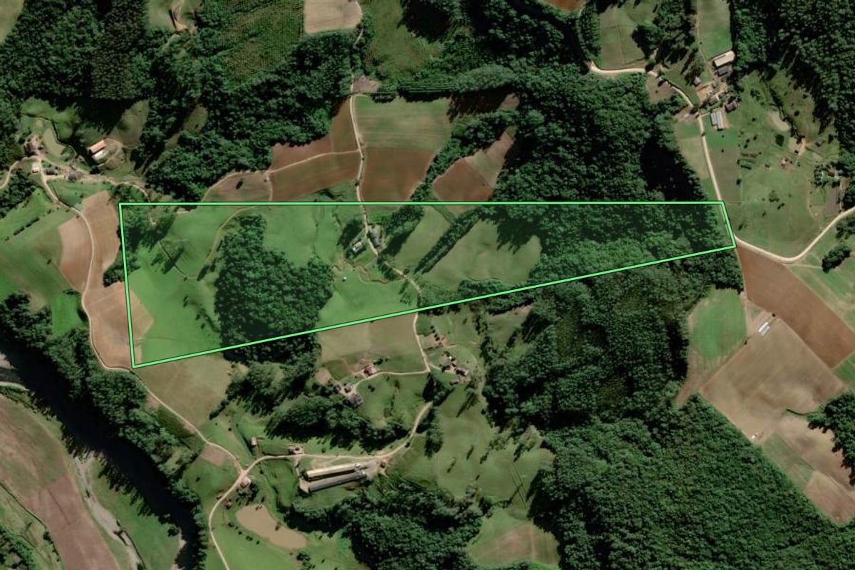 Imagem de satélite do imóvel rural em Orleans (SC), com o contorno declarado no CAR desenhado por cima.