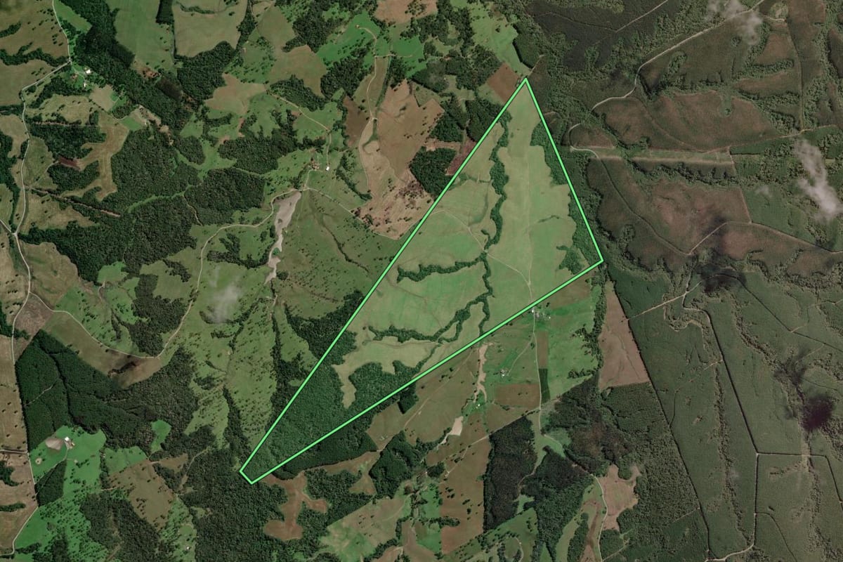 Imagem de satélite do imóvel rural em Otacílio Costa (SC), com o contorno declarado no CAR desenhado por cima.