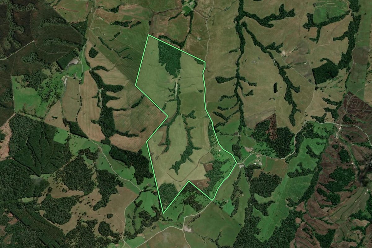 Imagem de satélite do imóvel rural em Otacílio Costa (SC), com o contorno declarado no CAR desenhado por cima.