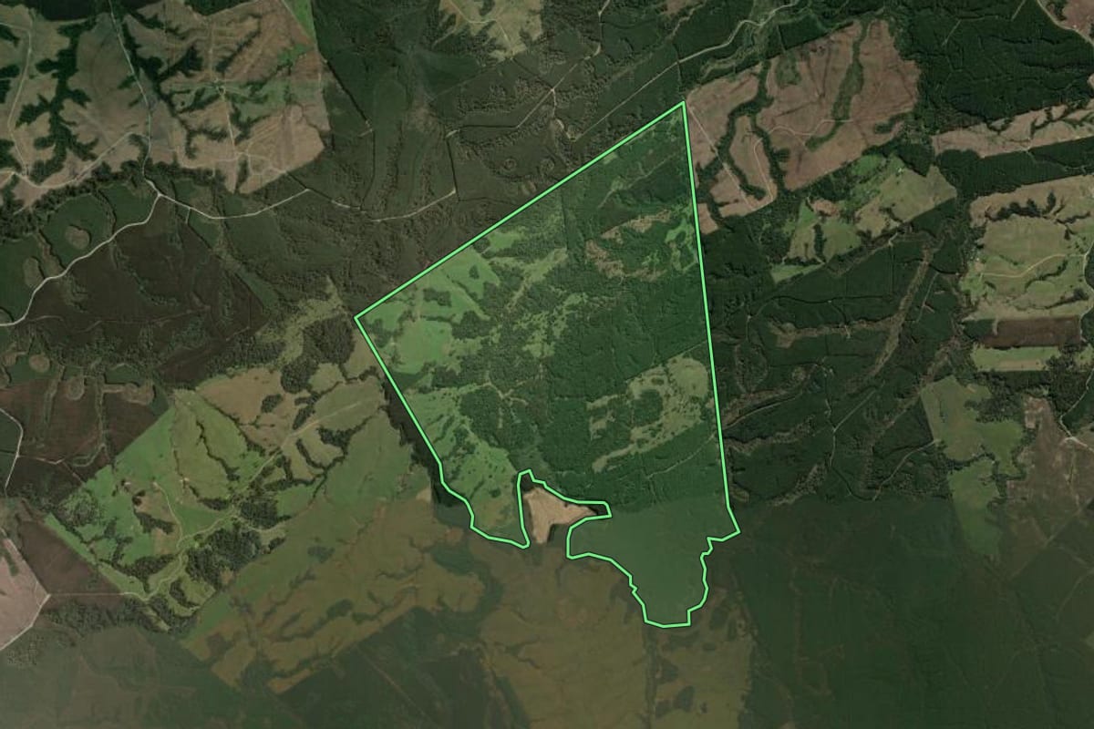 Imagem de satélite do imóvel rural em Otacílio Costa (SC), com o contorno declarado no CAR desenhado por cima.