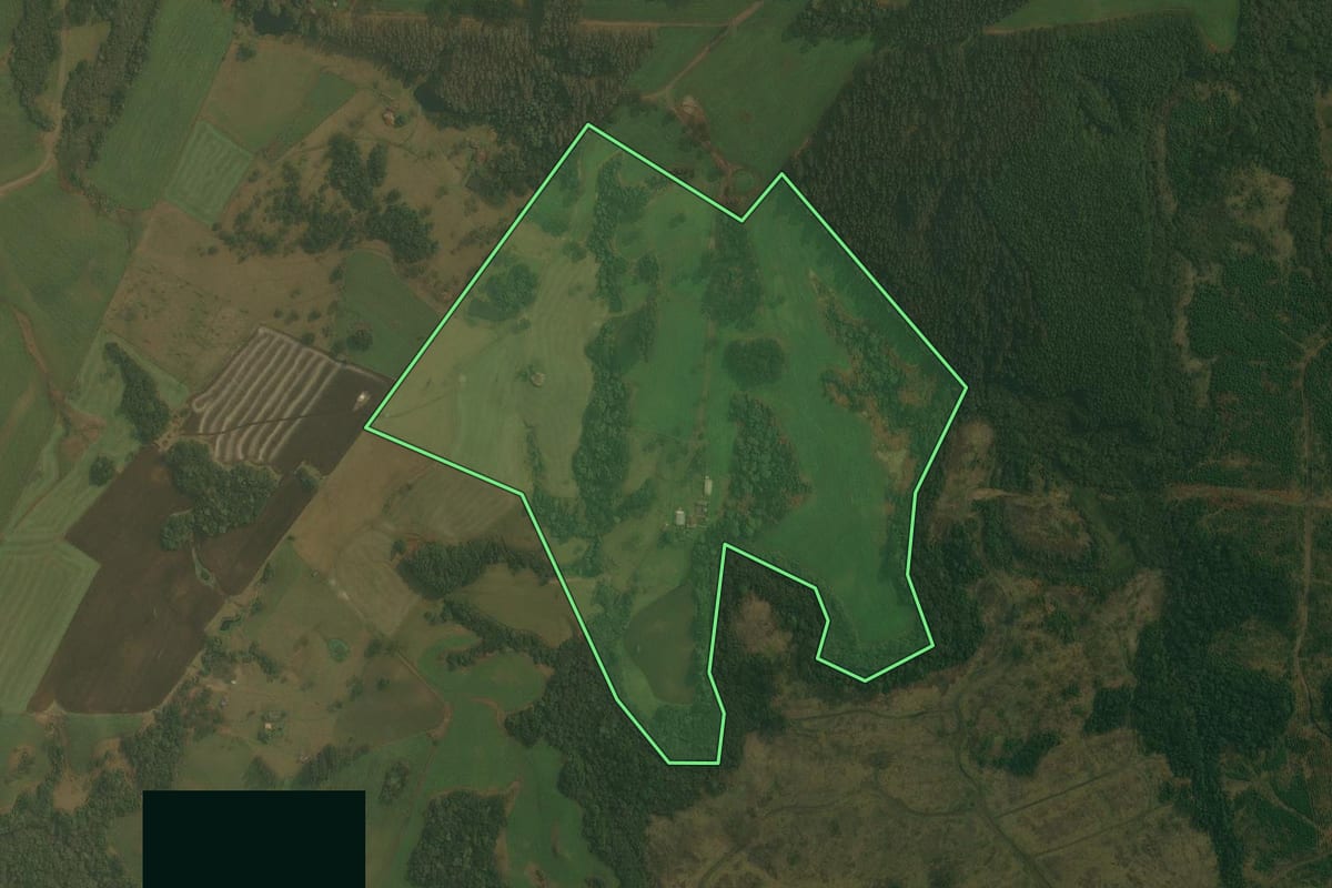 Imagem de satélite do imóvel rural em Otacílio Costa (SC), com o contorno declarado no CAR desenhado por cima.