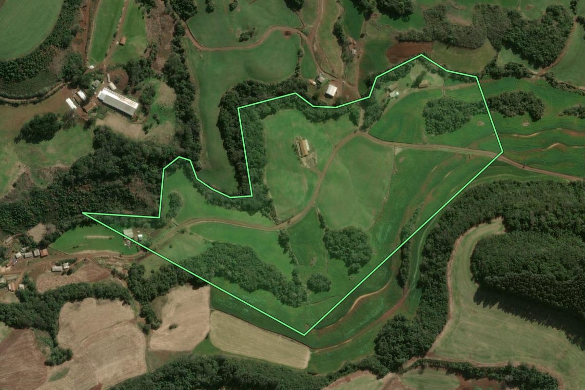 Imagem de satélite do imóvel rural em Ouro Verde (SC), com o contorno declarado no CAR desenhado por cima.