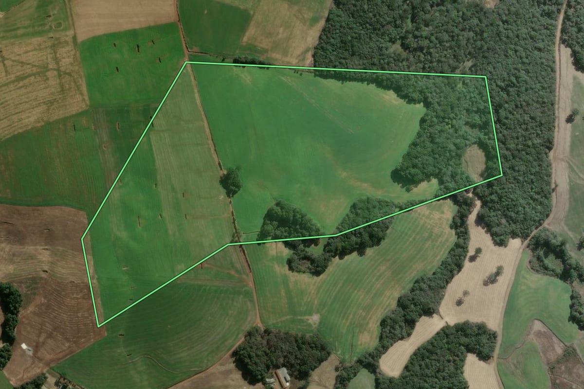 Imagem de satélite do imóvel rural em Ouro Verde (SC), com o contorno declarado no CAR desenhado por cima.