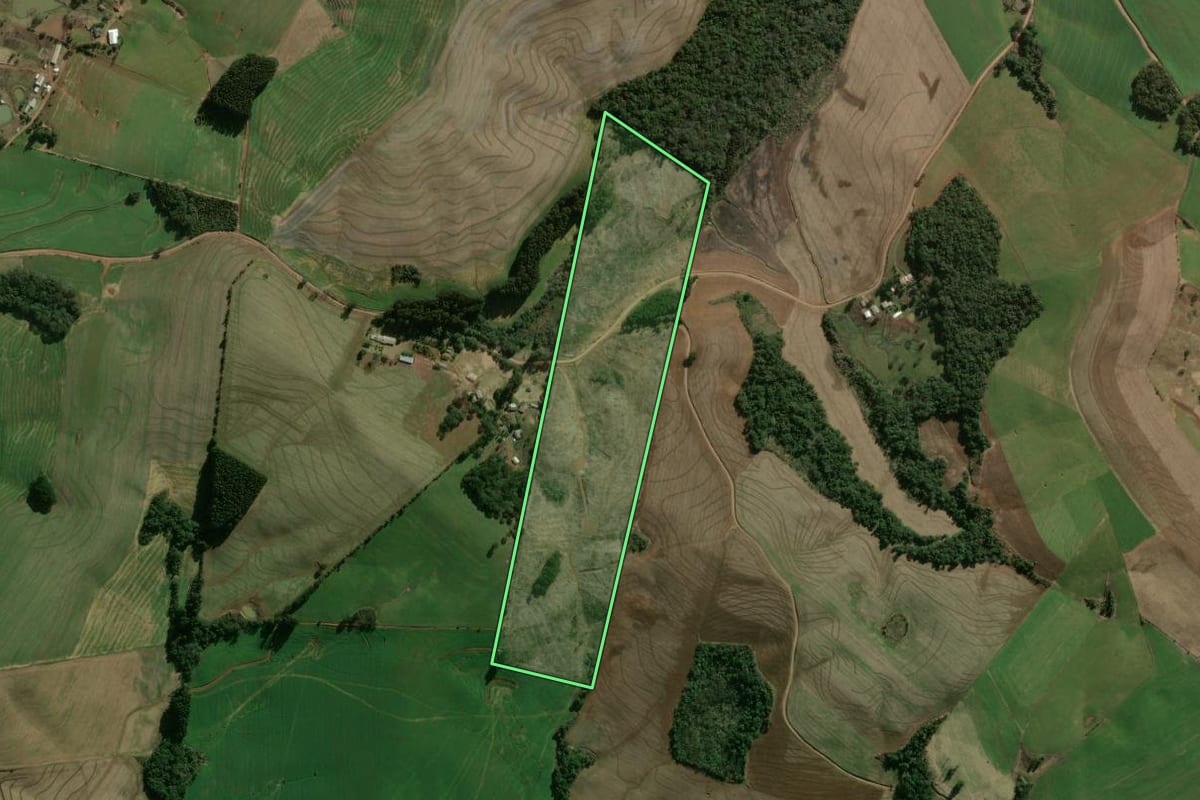 Imagem de satélite do imóvel rural em Ouro Verde (SC), com o contorno declarado no CAR desenhado por cima.