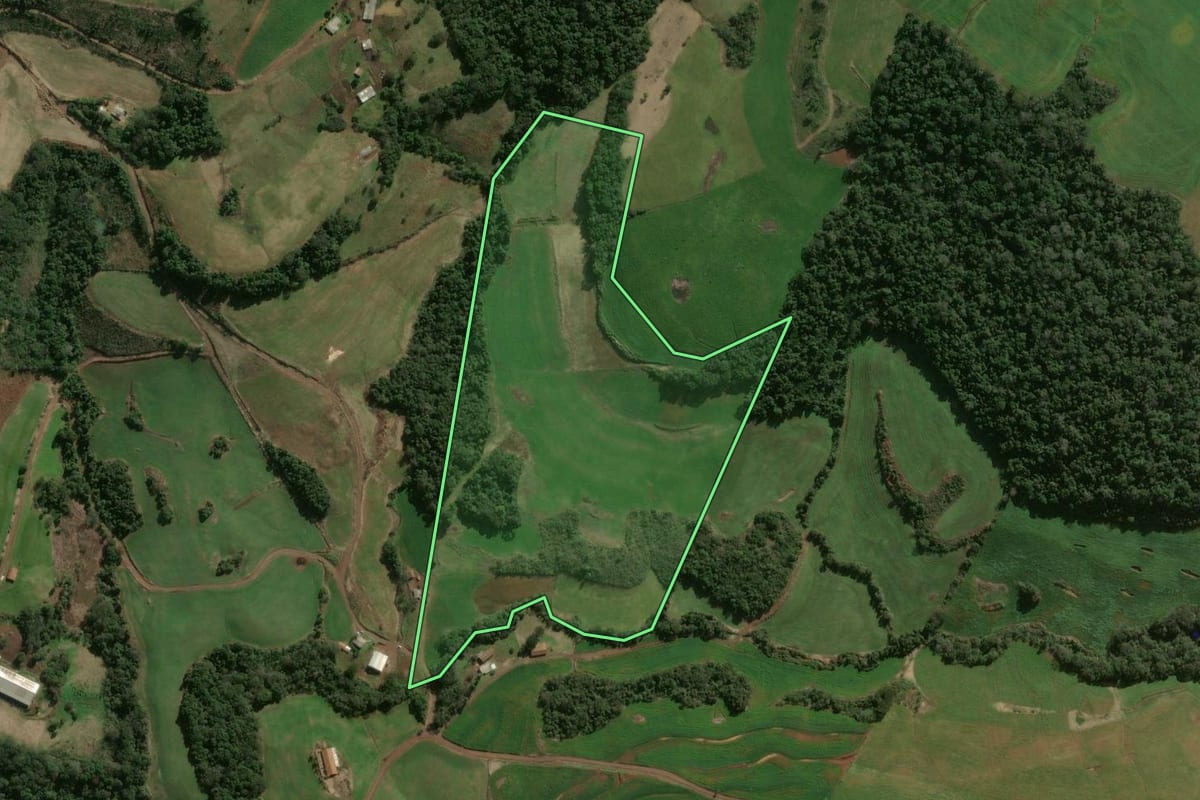 Imagem de satélite do imóvel rural em Ouro Verde (SC), com o contorno declarado no CAR desenhado por cima.