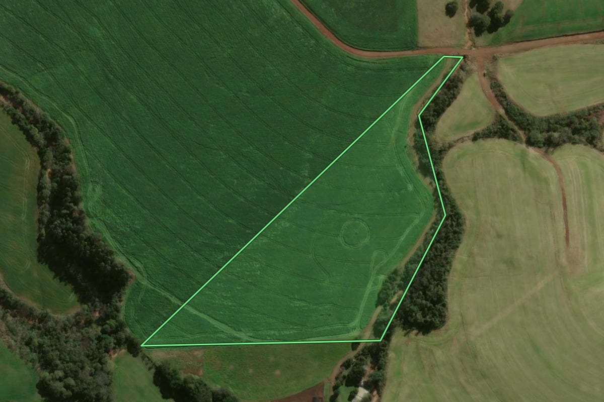 Imagem de satélite do imóvel rural em Ouro Verde (SC), com o contorno declarado no CAR desenhado por cima.