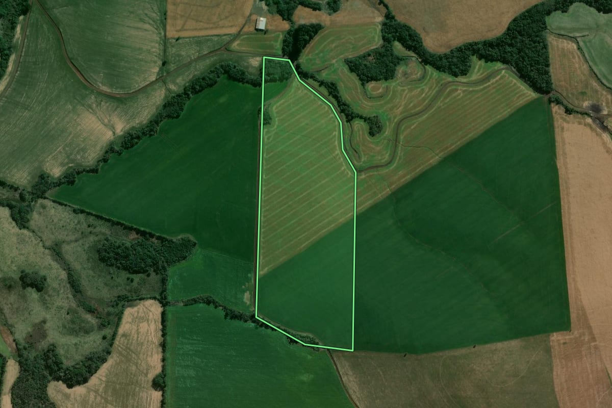 Imagem de satélite do imóvel rural em Ouro Verde (SC), com o contorno declarado no CAR desenhado por cima.