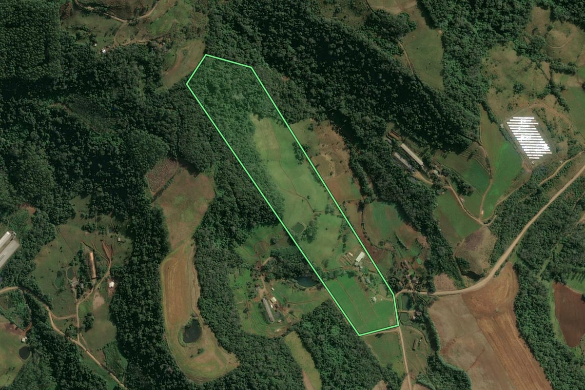 Imagem de satélite do imóvel rural em Paial (SC), com o contorno declarado no CAR desenhado por cima.