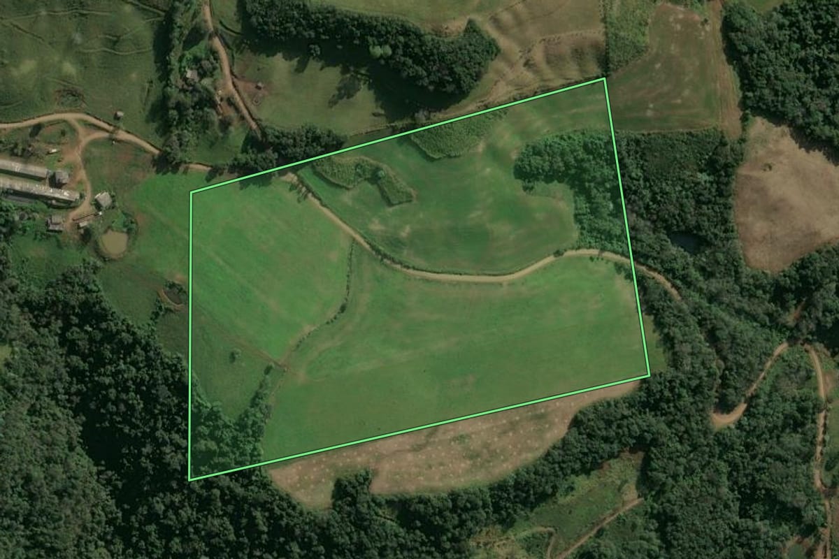 Imagem de satélite do imóvel rural em Paial (SC), com o contorno declarado no CAR desenhado por cima.
