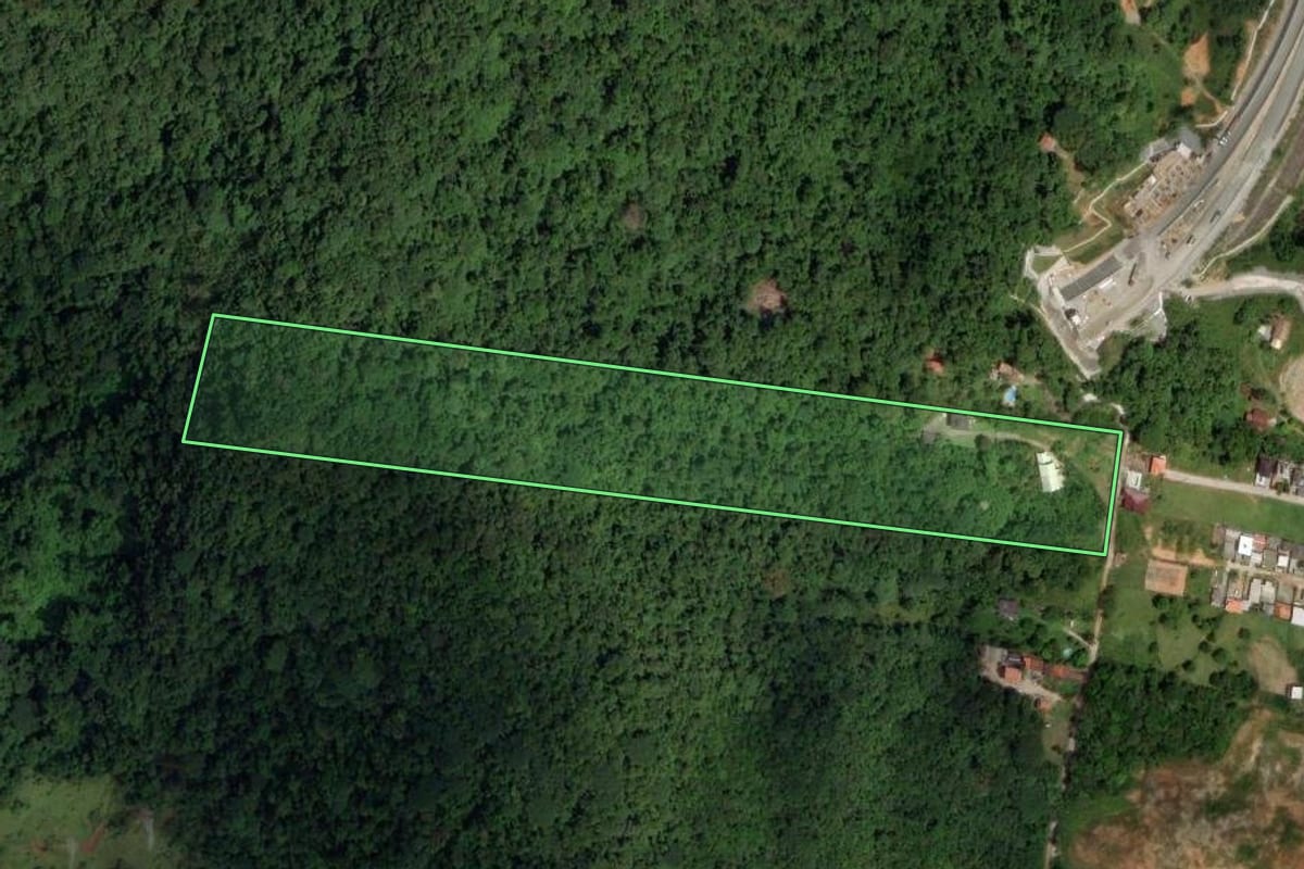 Imagem de satélite do imóvel rural em Palhoça (SC), com o contorno declarado no CAR desenhado por cima.