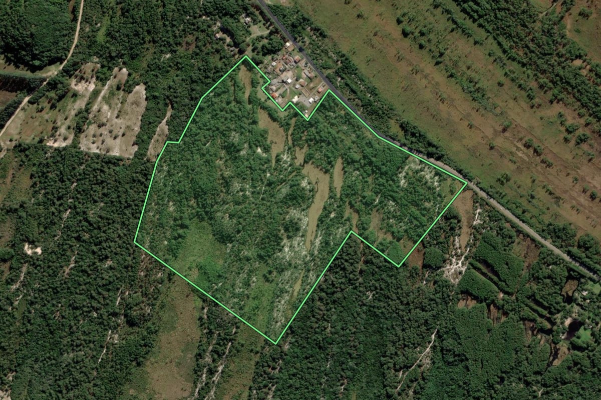 Imagem de satélite do imóvel rural em Palhoça (SC), com o contorno declarado no CAR desenhado por cima.