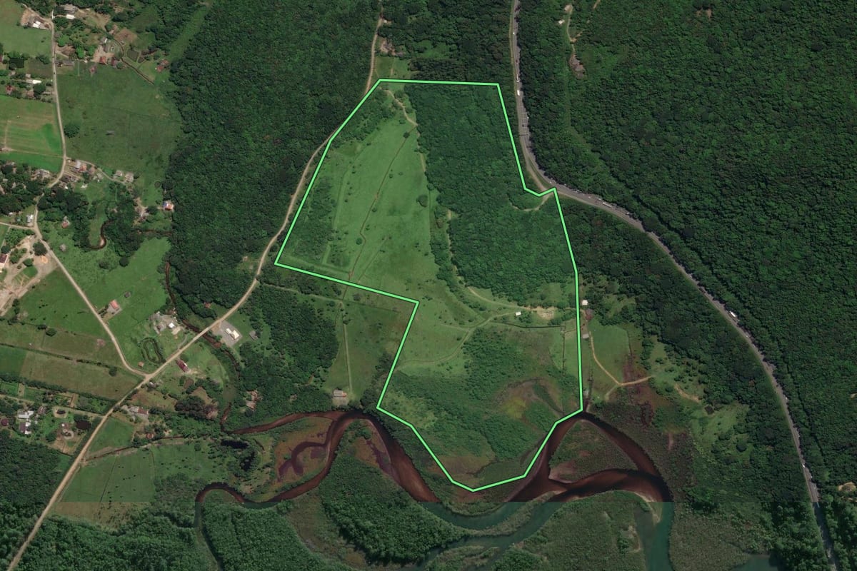 Imagem de satélite do imóvel rural em Palhoça (SC), com o contorno declarado no CAR desenhado por cima.