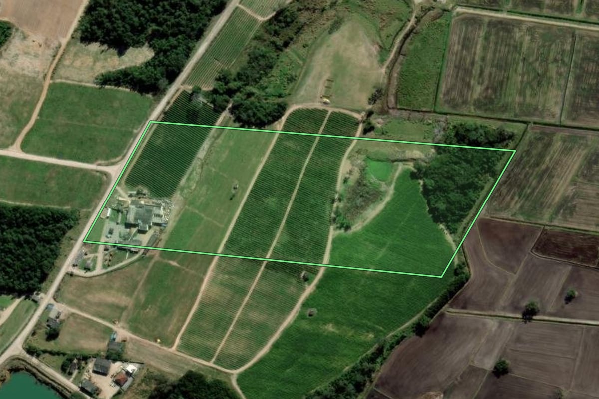 Imagem de satélite do imóvel rural em Palhoça (SC), com o contorno declarado no CAR desenhado por cima.