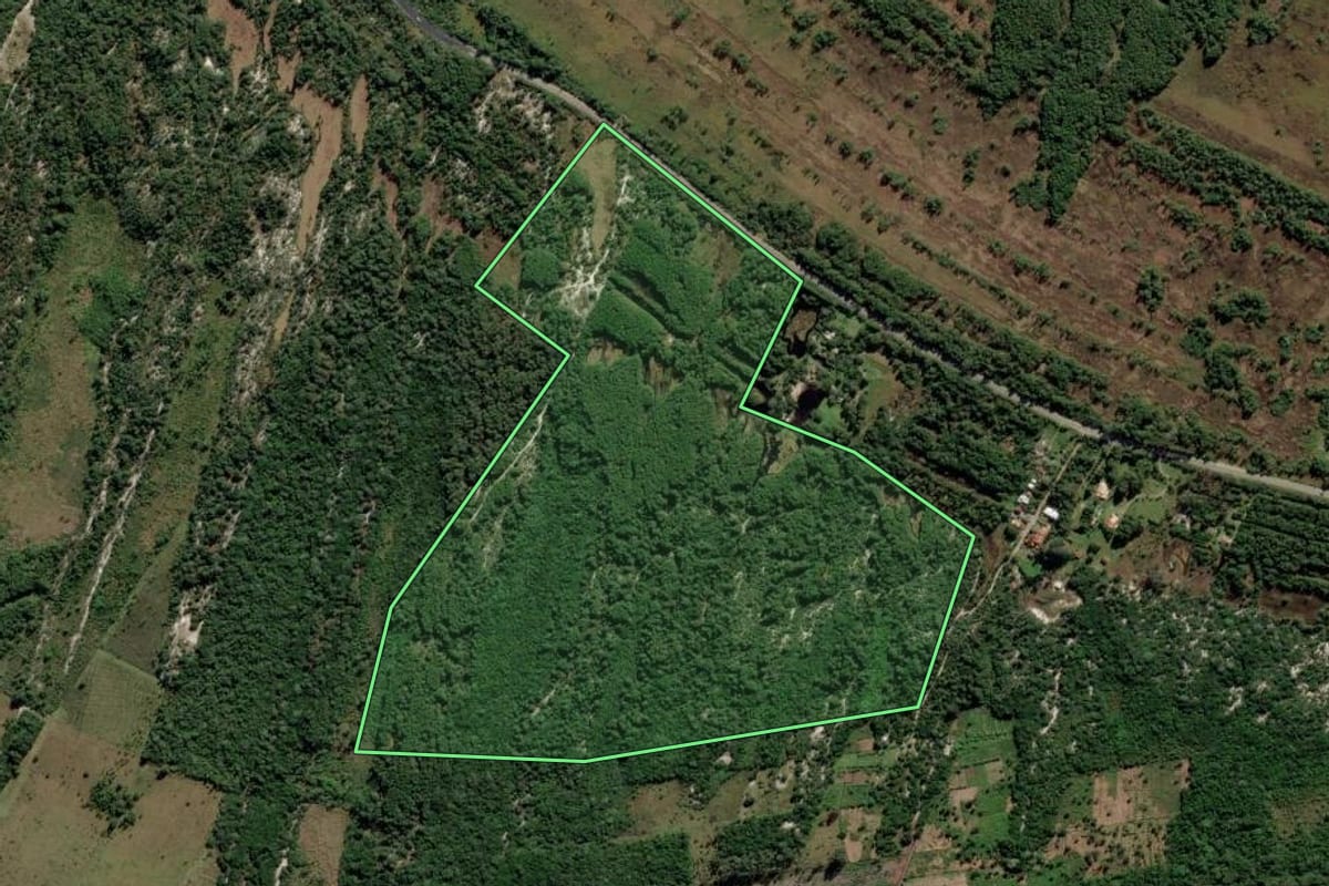 Imagem de satélite do imóvel rural em Palhoça (SC), com o contorno declarado no CAR desenhado por cima.