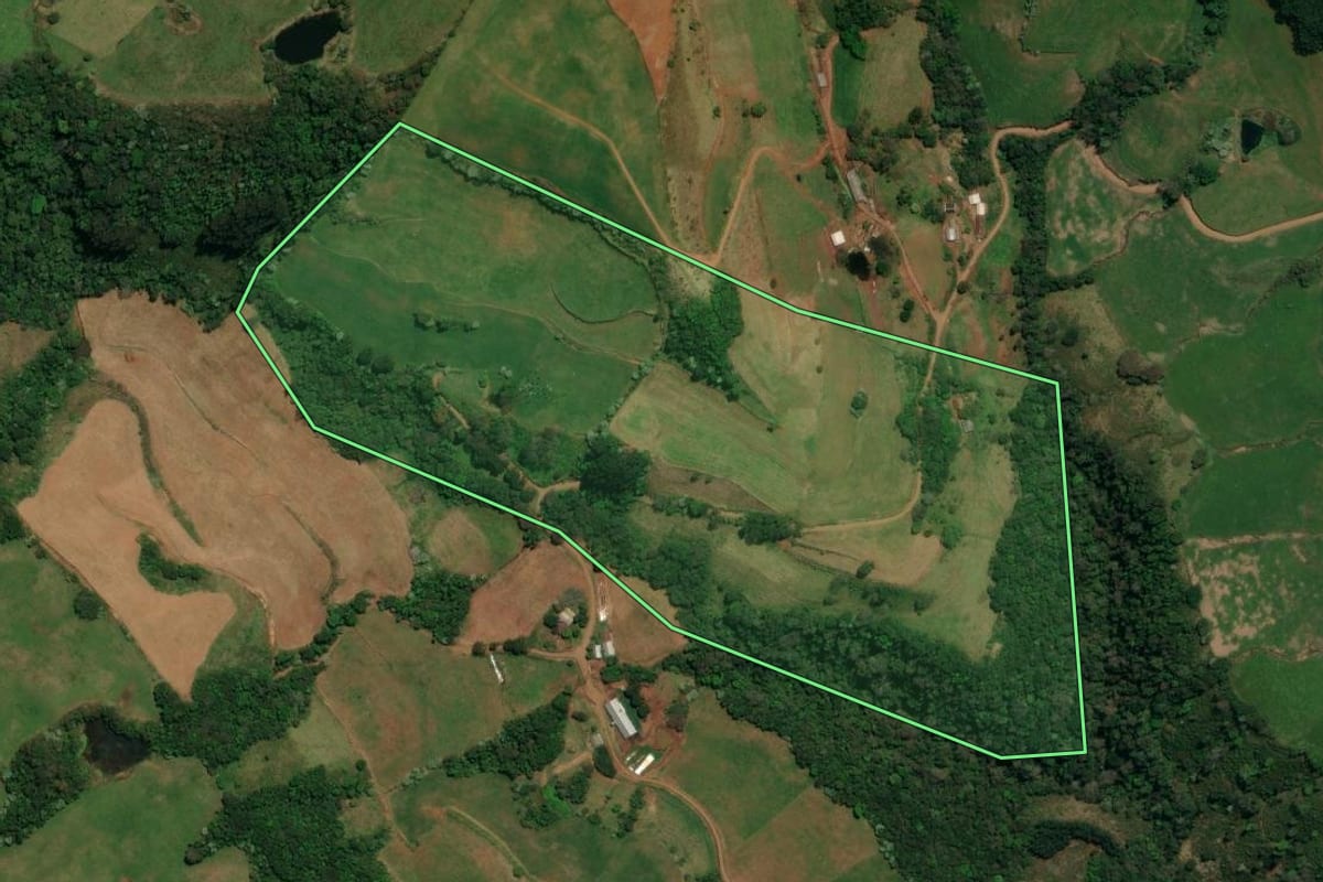 Imagem de satélite do imóvel rural em Palma Sola (SC), com o contorno declarado no CAR desenhado por cima.