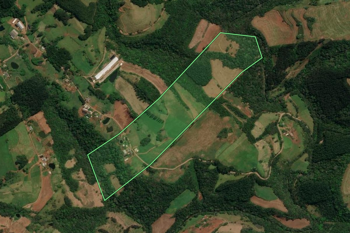 Imagem de satélite do imóvel rural em Palma Sola (SC), com o contorno declarado no CAR desenhado por cima.