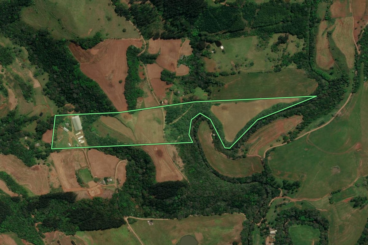 Imagem de satélite do imóvel rural em Palma Sola (SC), com o contorno declarado no CAR desenhado por cima.