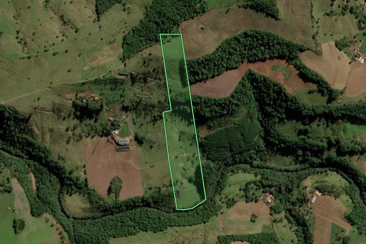 Imagem de satélite do imóvel rural em Palma Sola (SC), com o contorno declarado no CAR desenhado por cima.