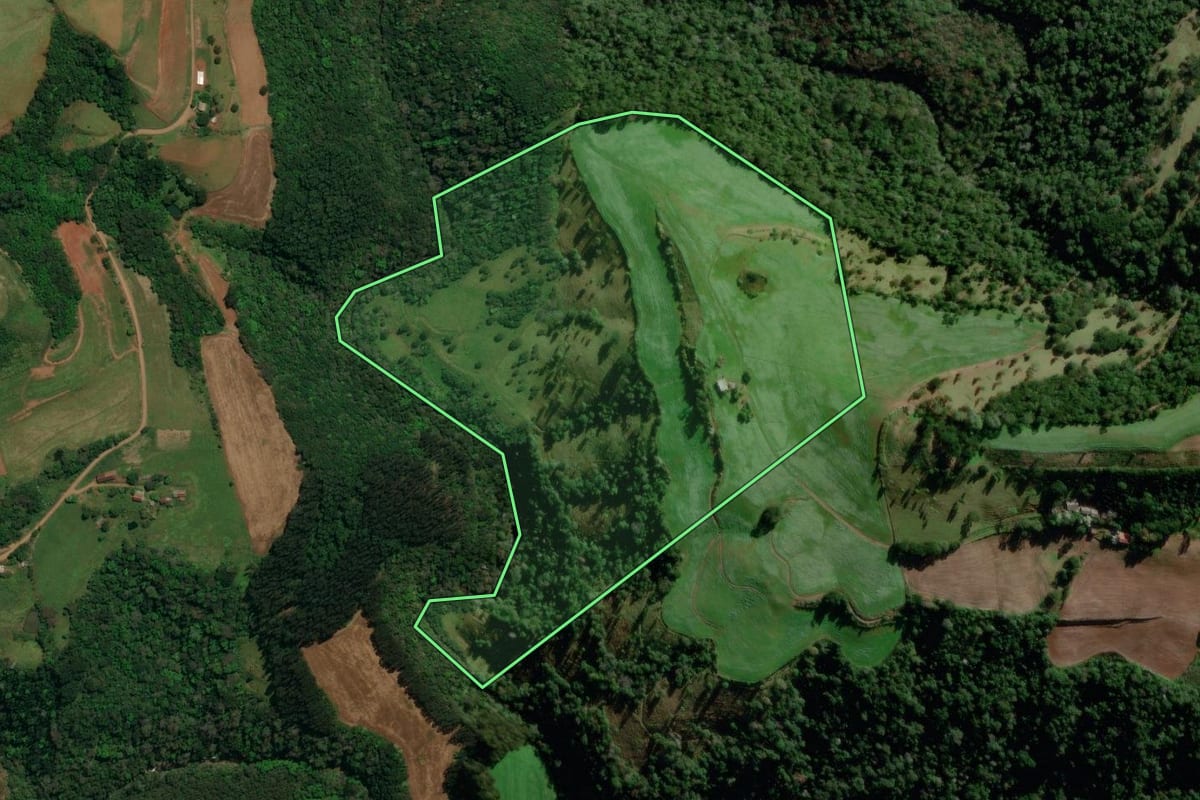 Imagem de satélite do imóvel rural em Palma Sola (SC), com o contorno declarado no CAR desenhado por cima.