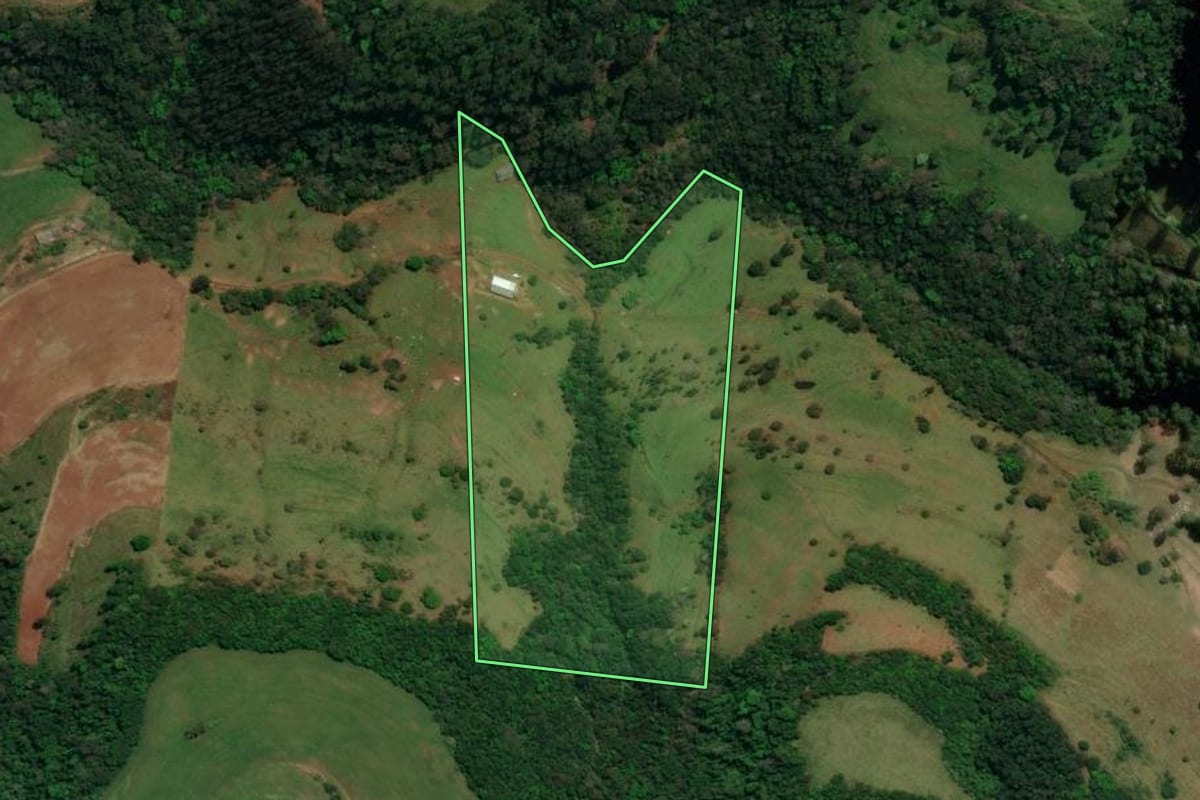 Imagem de satélite do imóvel rural em Palma Sola (SC), com o contorno declarado no CAR desenhado por cima.