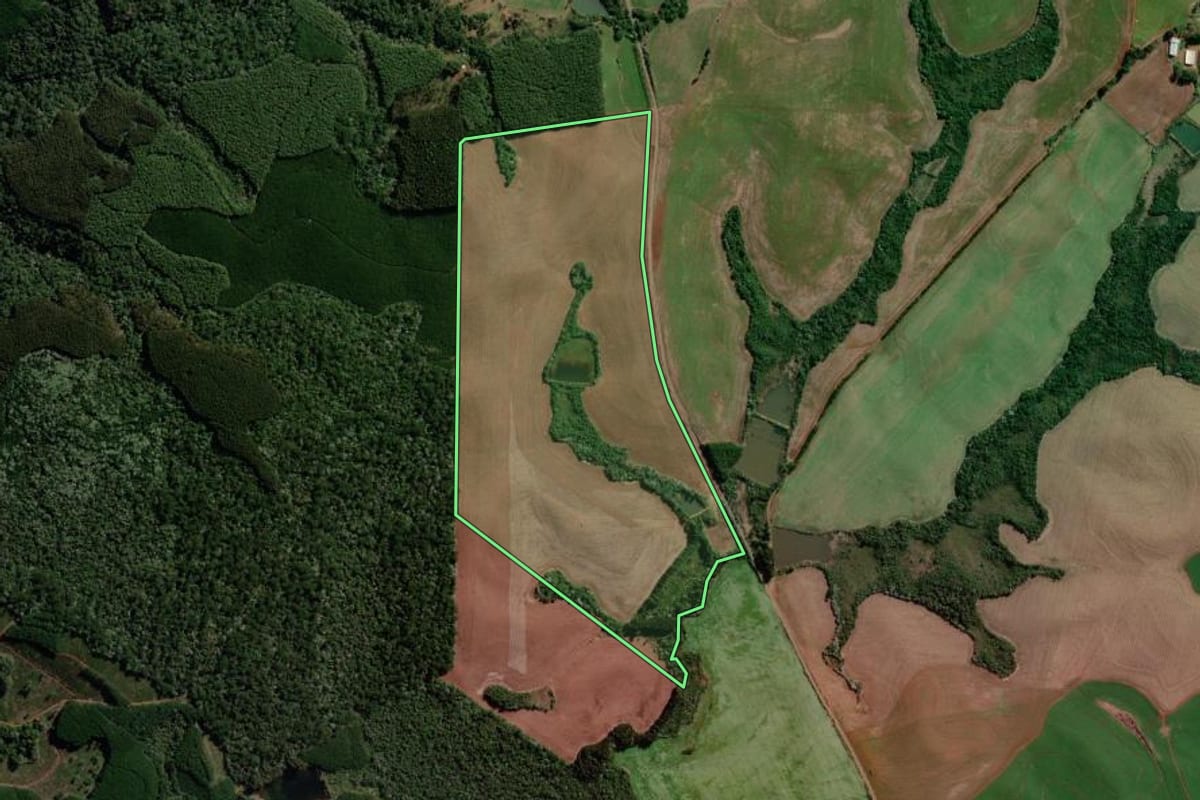 Imagem de satélite do imóvel rural em Palma Sola (SC), com o contorno declarado no CAR desenhado por cima.