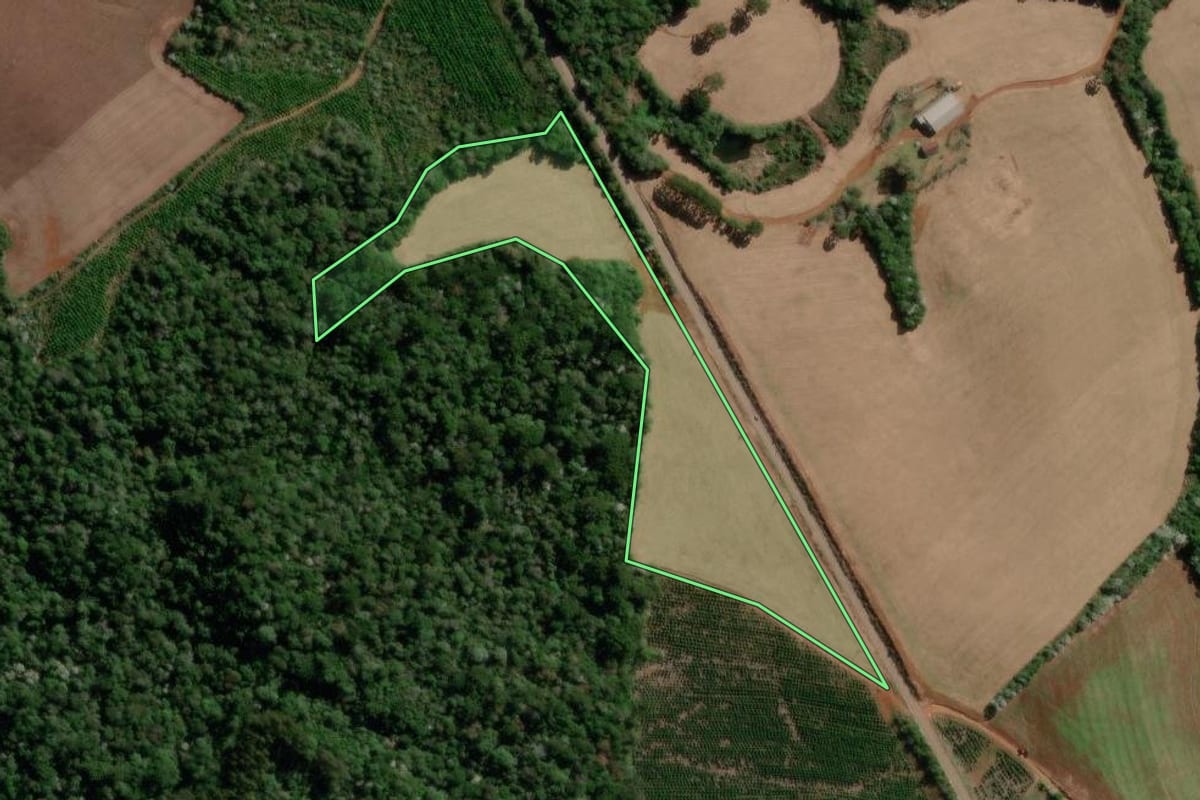 Imagem de satélite do imóvel rural em Palma Sola (SC), com o contorno declarado no CAR desenhado por cima.