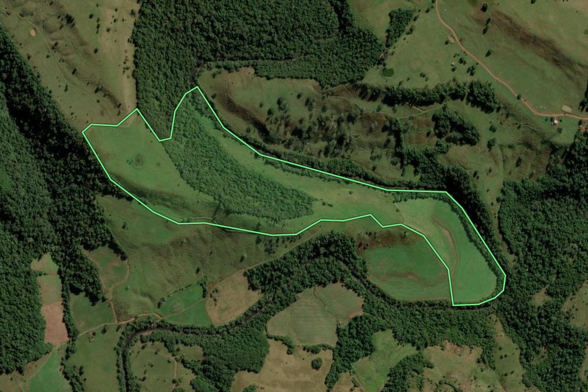 Imagem de satélite do imóvel rural em Palma Sola (SC), com o contorno declarado no CAR desenhado por cima.