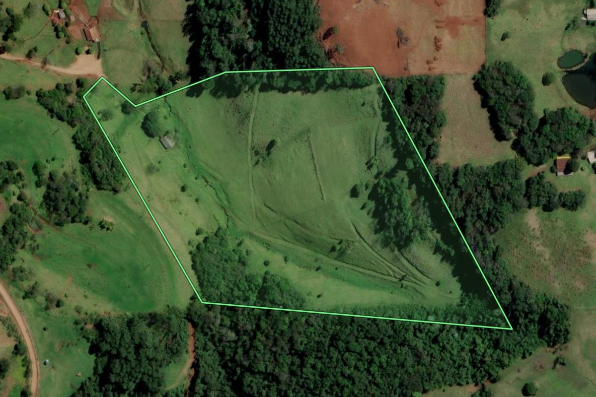 Imagem de satélite do imóvel rural em Palmitos (SC), com o contorno declarado no CAR desenhado por cima.